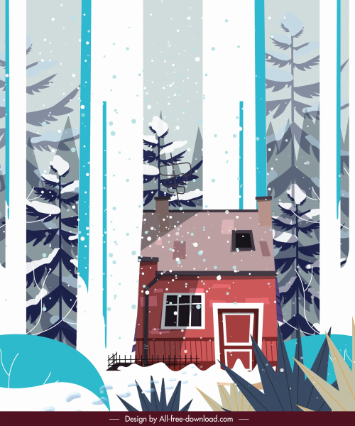 зимние пейзажи покраска снегопад коттеджа эскиз классического дизайна
