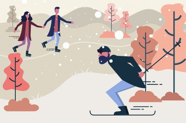 冬季運動畫人滑冰滑雪活動圖示