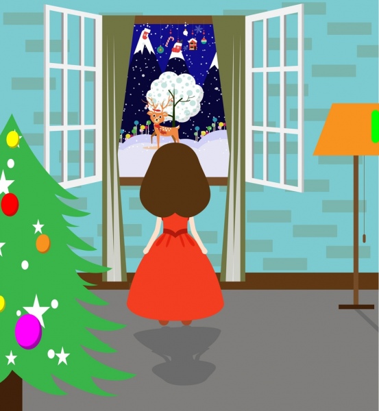 冬季主題設計女孩和符號通過視窗