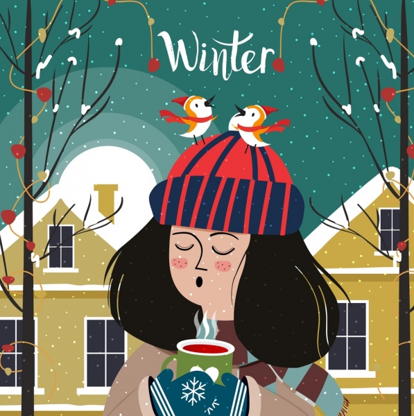 Winter Time Painting Girl Bird Icons Cartoon Character-vector People-free  Vector Free Download