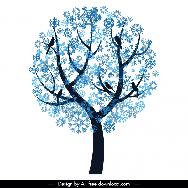 pohon musim dingin ikon kepingan salju dekorasi datar siluet