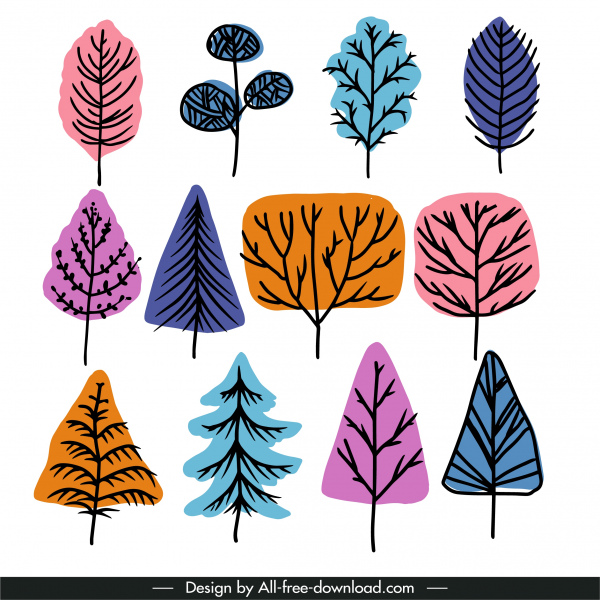 kış ağaçları simgeleri renkli düz klasik handdrawn eskiz