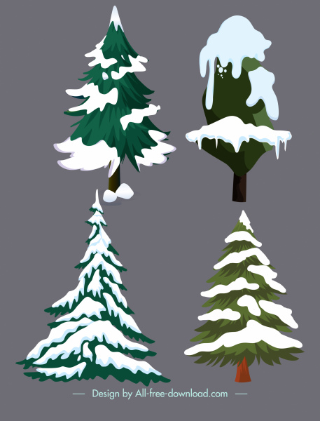 árvores de inverno ícones esboço snowy design clássico