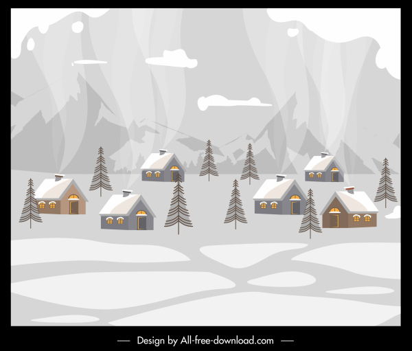village d’hiver peinture chalets neige croquis design rétro