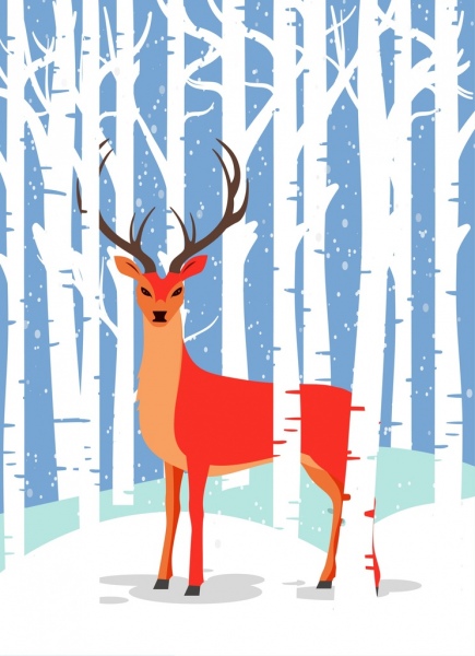 ฤดูหนาวสัตว์ป่ากวางแดงวาดขาวไอคอนต้นไม้