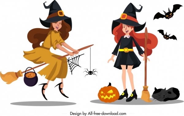ícone de bruxa bonito meninas esboço colorido desenhos animados