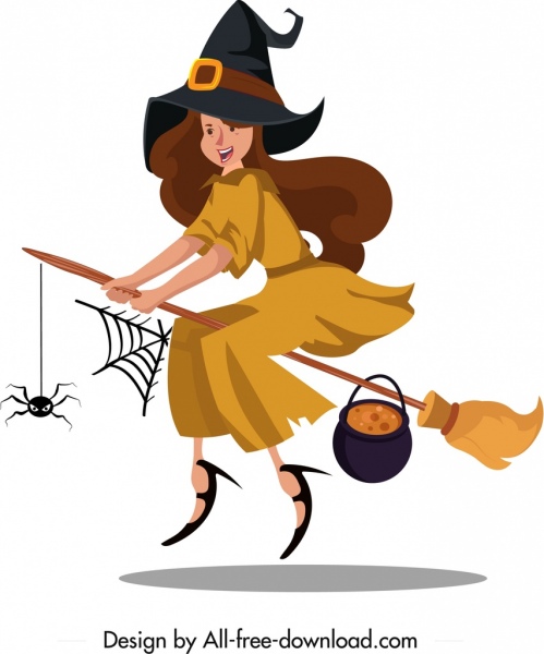 ícone da bruxa voando menina vassoura esboço personagem dos desenhos animados
