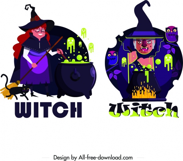 bruxa ícones dos desenhos animados escuro multicoloridos design de personagens