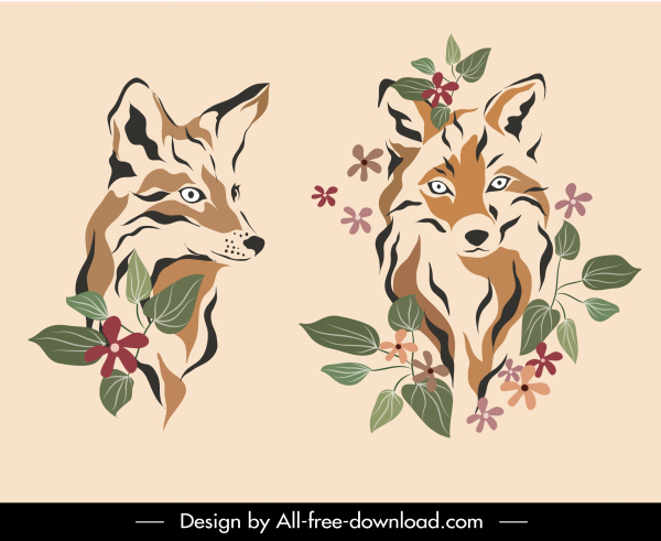 wolf fox iconos dibujados a mano boceto decoración floral