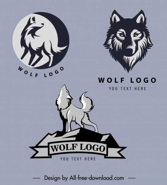 plantillas de logotipo de lobo clásico siluetas oscuras dibujado a mano bosquejo