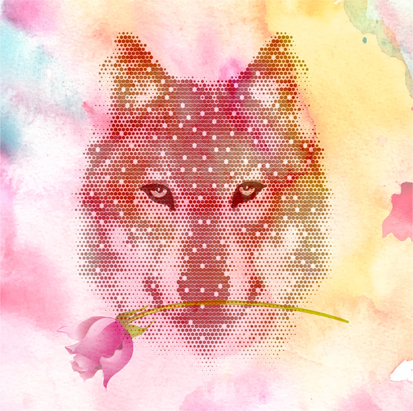 serigala dengan rose pada ilustrasi warna air