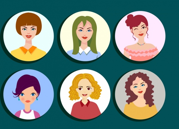ícones de avatar de mulher dos desenhos animados isolamento de círculos de caracteres