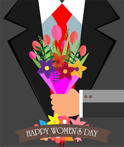 ilustração de bandeira dia mulher com senhores segurando buquê