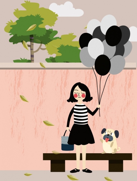 женщина, рисование щенка шар украшения цветной мультфильм дизайн
