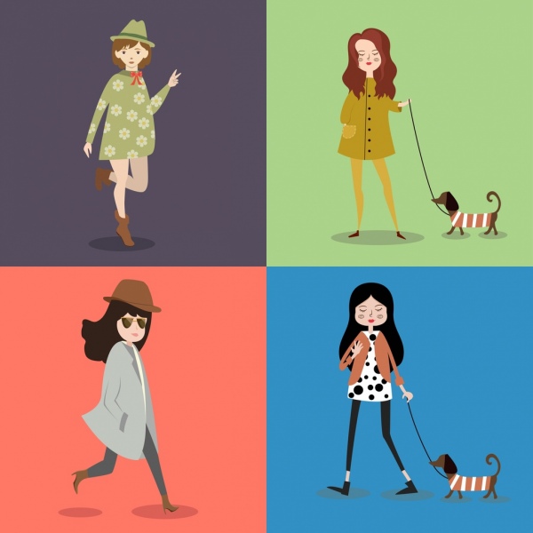 Colección de iconos de la moda diseño de dibujos animados de colores para mujer