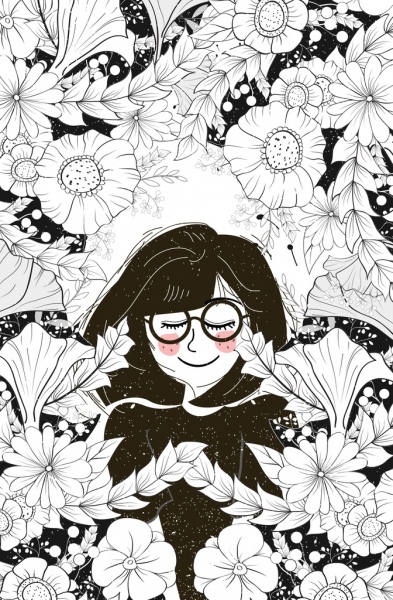 Flores dibujo boceto de mujer blanco negro