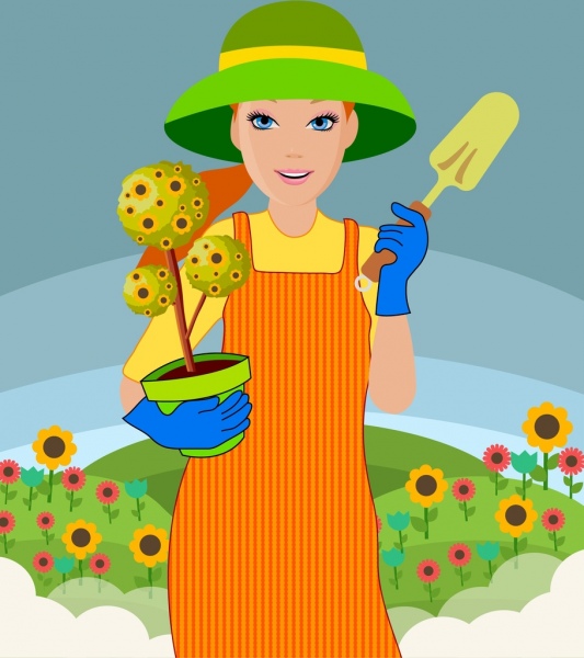 kobieta ikona ogrodnictwo pracy kolorowy rysunek