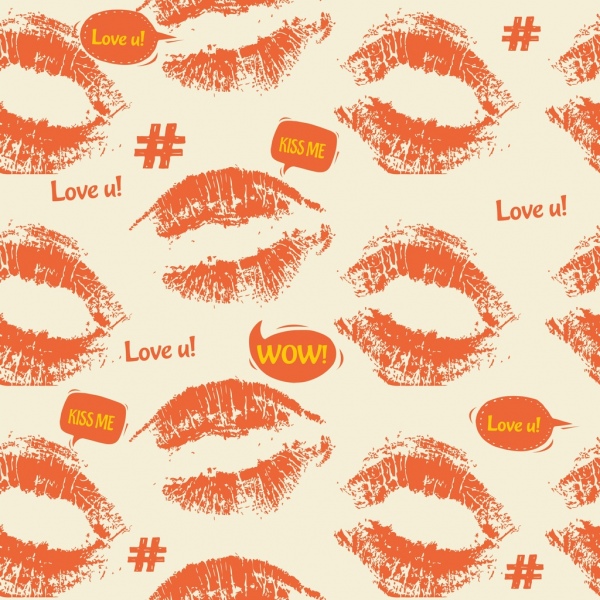 Kadının dudakları kırmızı yazdırılan simgeleri tasarım yinelenen arka plan