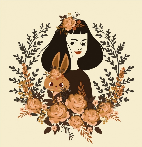 coelho marrom desenho de mulher retrato decoração guirlanda de flores