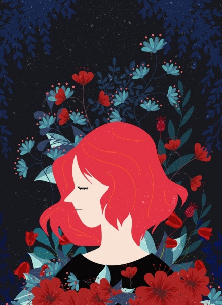 濃い赤花装飾を描く女性の肖像画