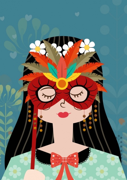 女性ポートレート描画羽マスク装飾