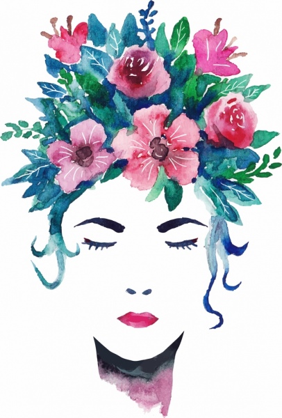 Woman portrait dibujo flores handdrawn peinado retro