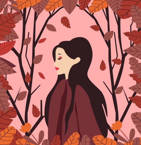 femme portrait dessin feuilles décoration rouge clair design