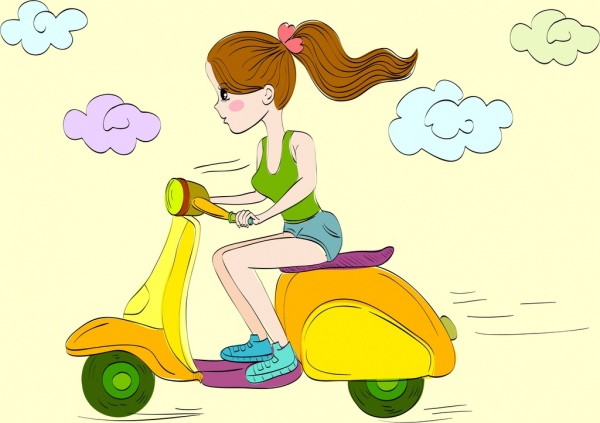 wanita mengendarai skuter menggambar kartun berwarna desain