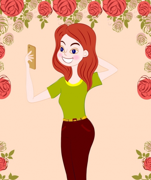 Perempuan selfie gambar kartun berwarna dekorasi mawar
