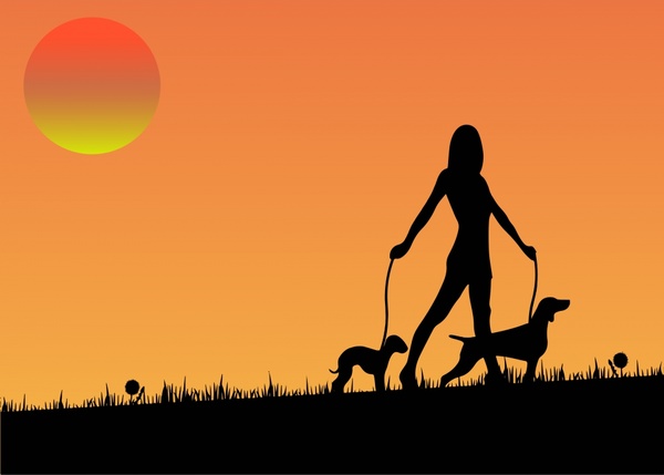 femme avec illustration de chiens avec style silhouette coucher de soleil