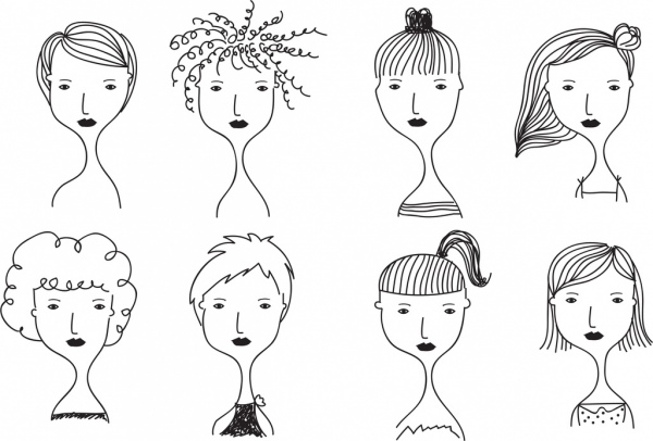 kobiety fryzurę szablony, białych i czarnych handdrawn szkic