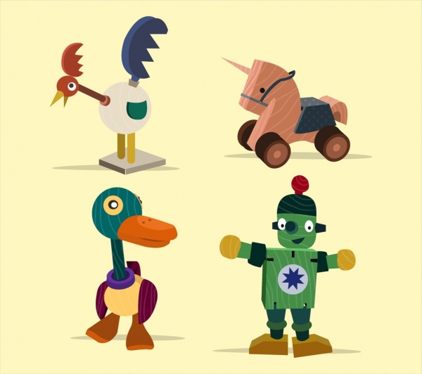 brinquedos de madeira ícones coleção colorido desenho em 3d
