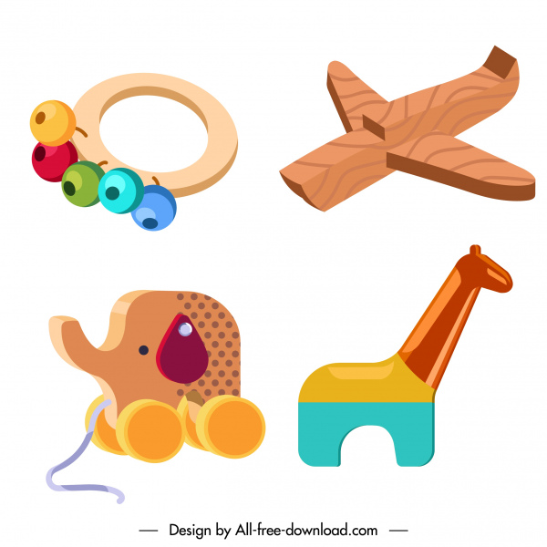 ikon mainan kayu sketsa 3d warna-warni yang lucu
