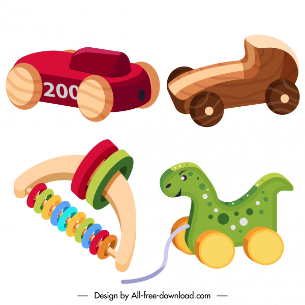 ícones de brinquedos de madeira moderno colorido 3d esboço