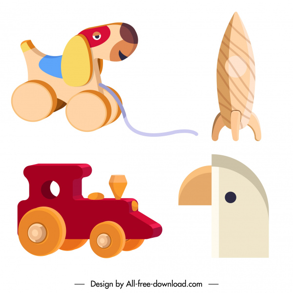 ícones de brinquedos de madeira brilhantes coloridos 3d esboço