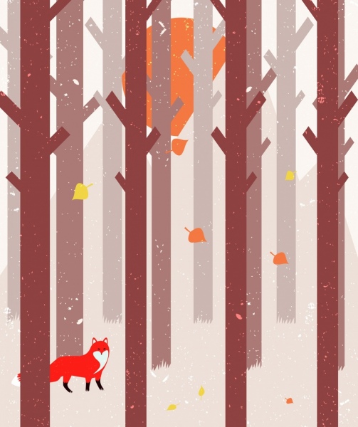 Woodland rysunek bezlistnych drzew fox ikony kreskówka