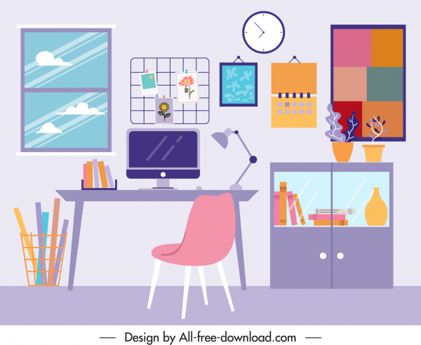 templat dekorasi ruang kerja warna-warni sketsa datar