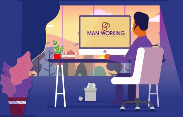 farbige Zeichnung Mensch-Computer-Arbeitsplatz-Icons arbeiten cartoon