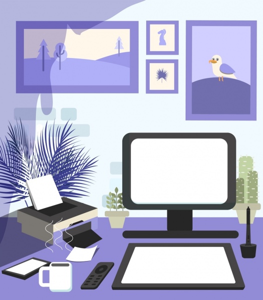 Meja kerja latar belakang ikon perangkat dekorasi Violet