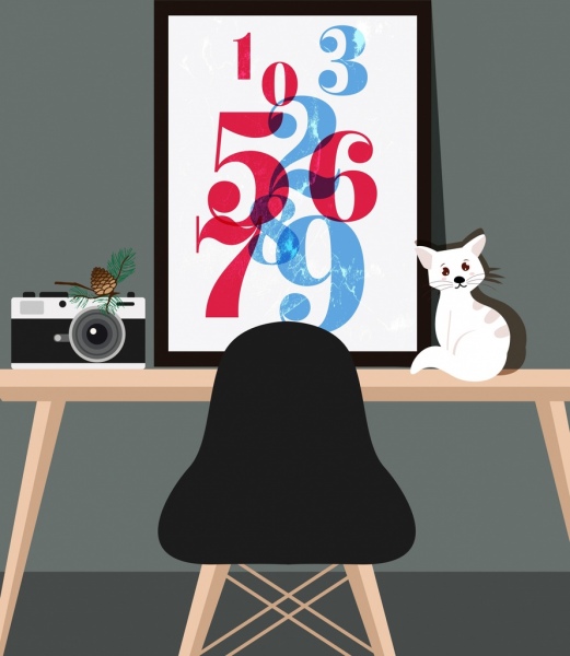 Arbeitsplatz Ecke Zeichnung Zahlen Dekoration Katze Kamera-icons