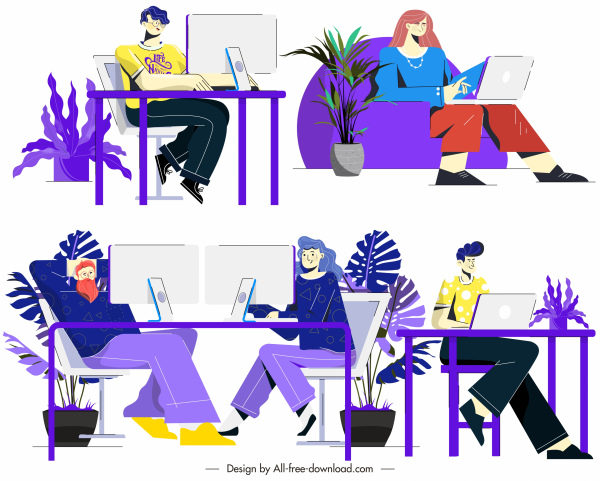 iconos del lugar de trabajo coloridos personajes de dibujos animados planos bosquejo