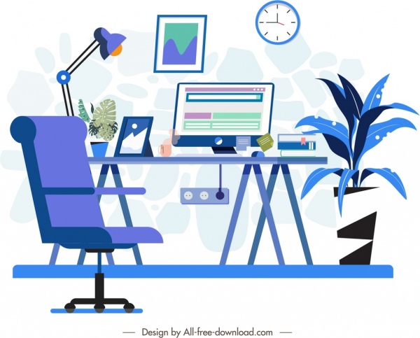 tempat kerja, lukisan, kursi, meja, meja, ikon komputer, sketsa biru