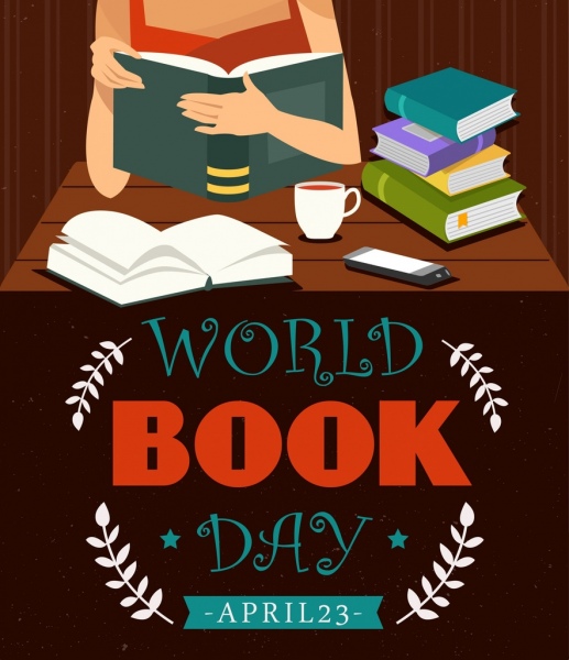 dunia buku hari banner wanita ikon teks dekorasi