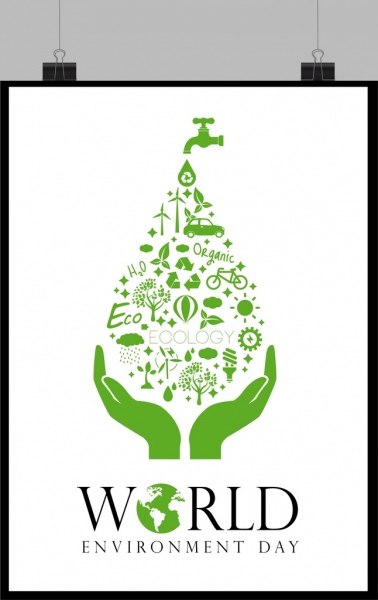 اليوم العالمي شعار الرموز الخضراء تصميم قطرات