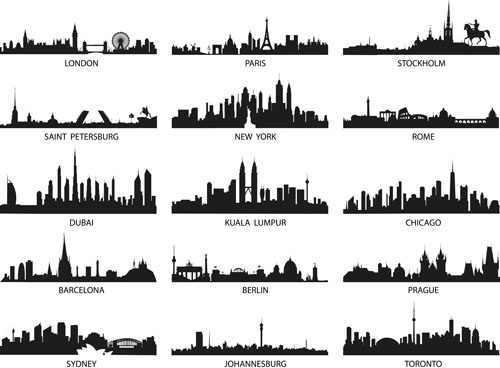 набор векторных силуэтов известных городов мира