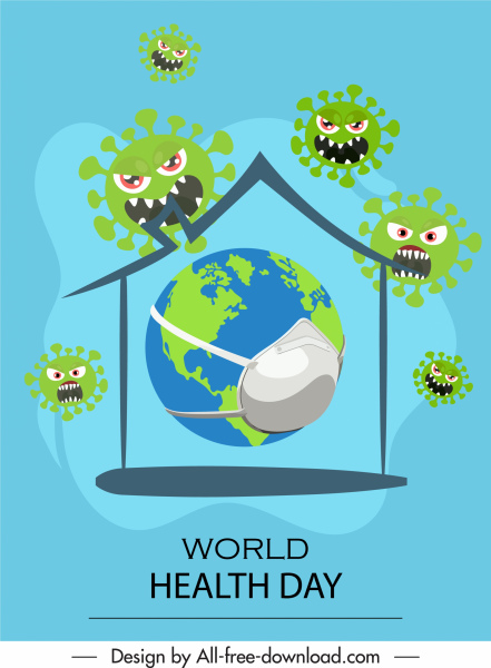세계 건강 배너 마스킹 지구 양식에 일치시키는 바이러스 스케치