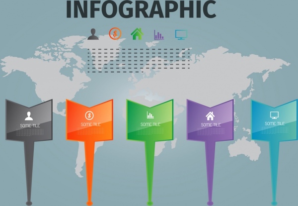 세계 지도 infographic 다채로운 포인터 장식