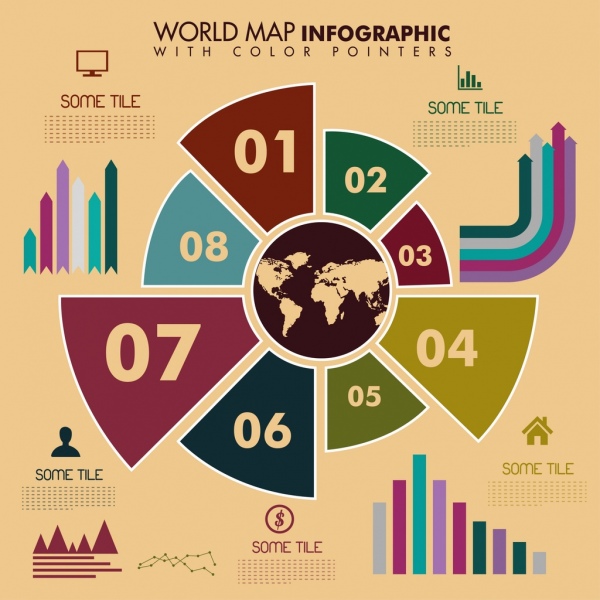 Mapa del mundo infografia plantilla gráficos iconos ornamento