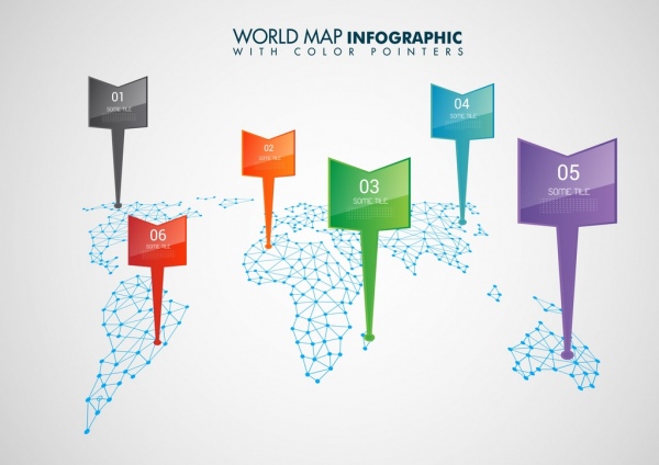 โลกแผนที่ infographic แม่ชี้มีสีสันตกแต่งแบบคอนติเนนตัล
