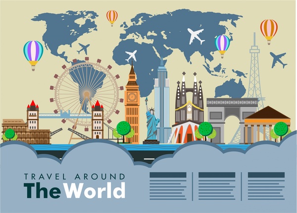 dünya seyahat banner harita arka plan üzerinde ünlü yerler